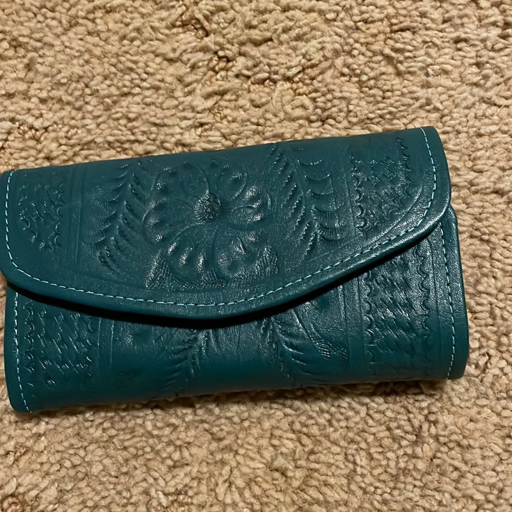 Teal tooled leather wallet